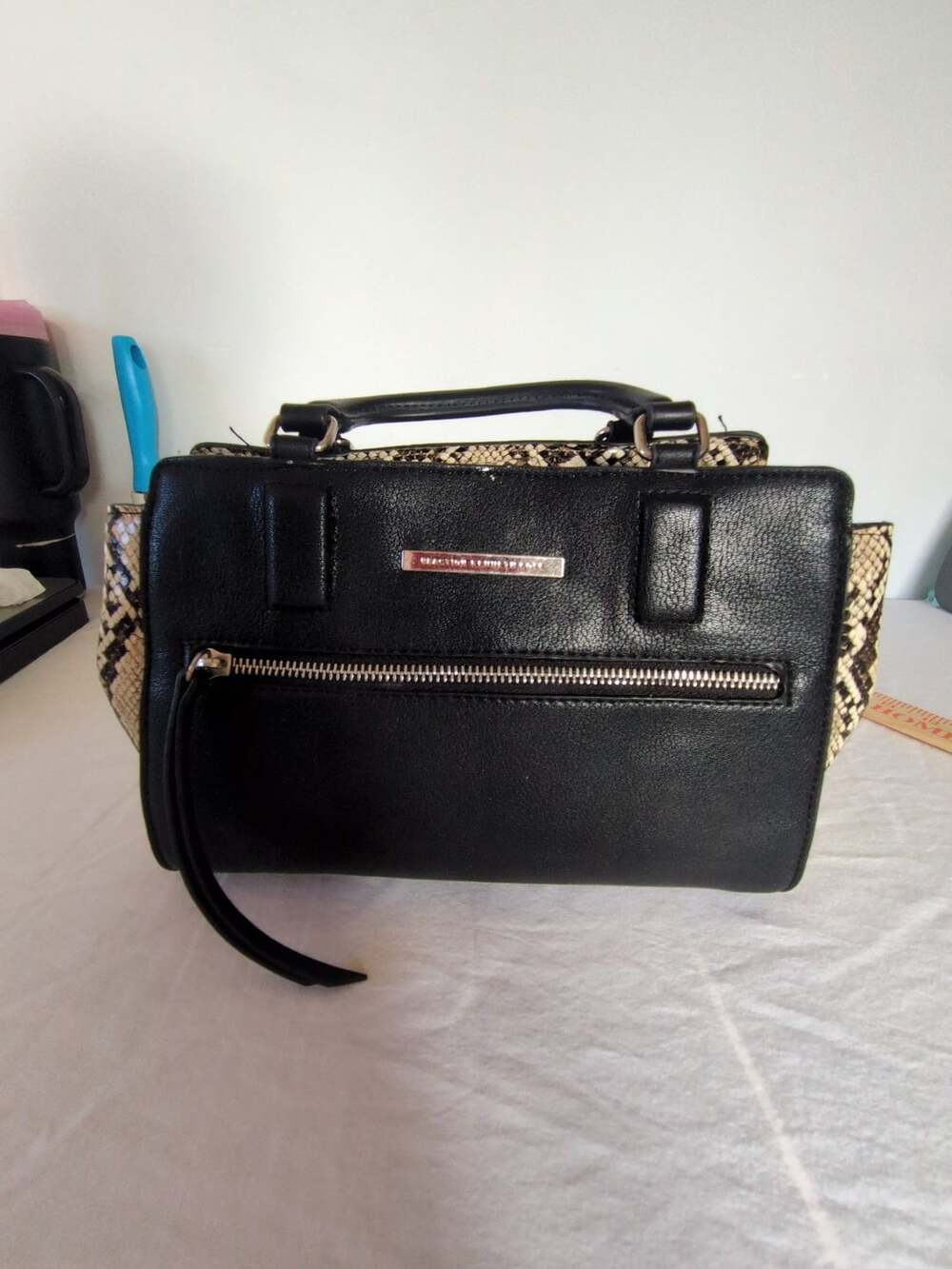 Kenneth Cole Reaction Satchel Handbag Black Snake Skin Trim
